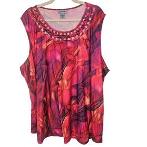 Catherines Blouse Floral Blouse Women 4X Red Sleeveless Blouse Scoop Neck Top